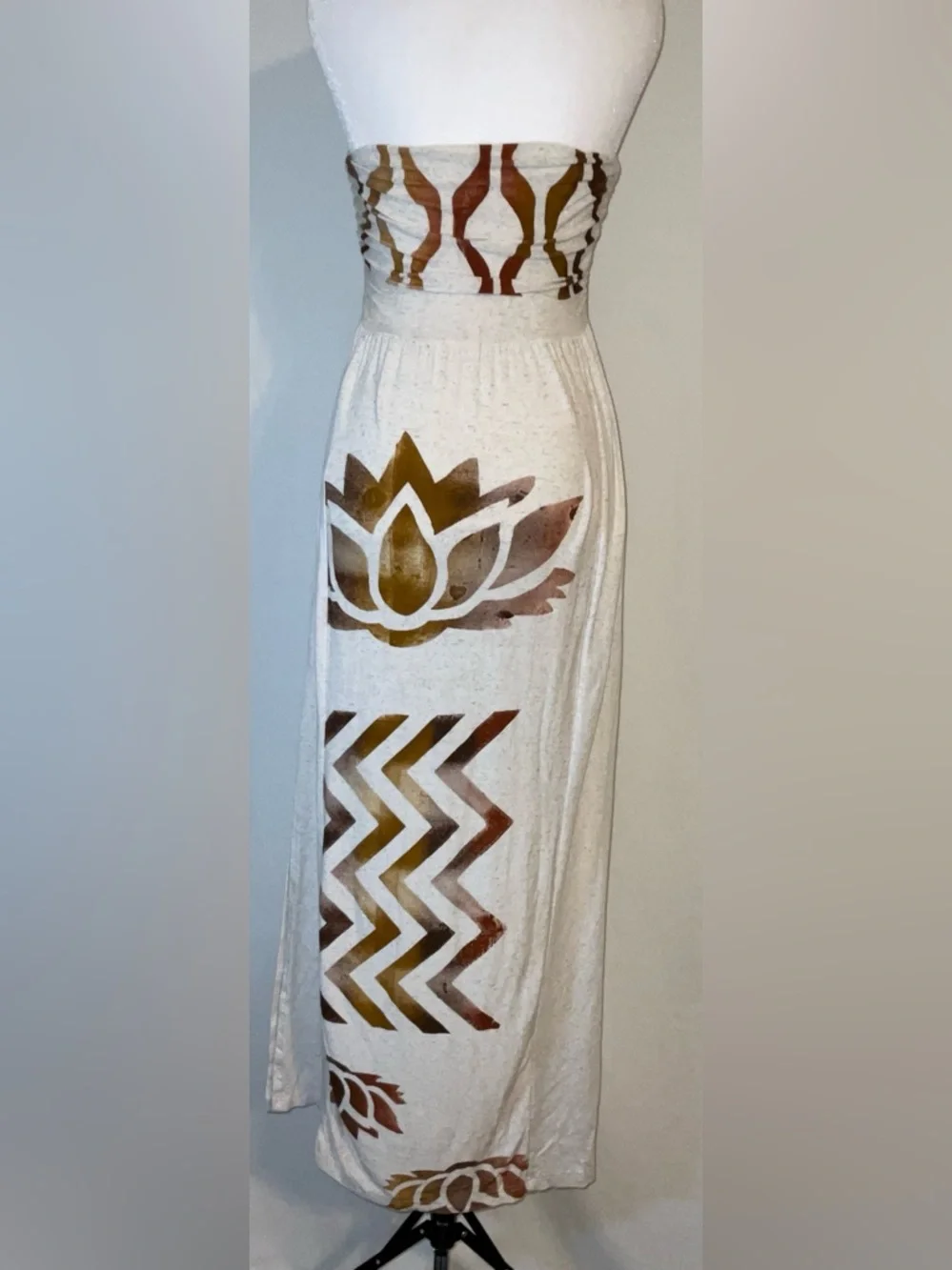 By Sol Rustikamente Boutique Strapless Boho Maxi Dress Lotus Print | Size Small - Picture 3 of 6